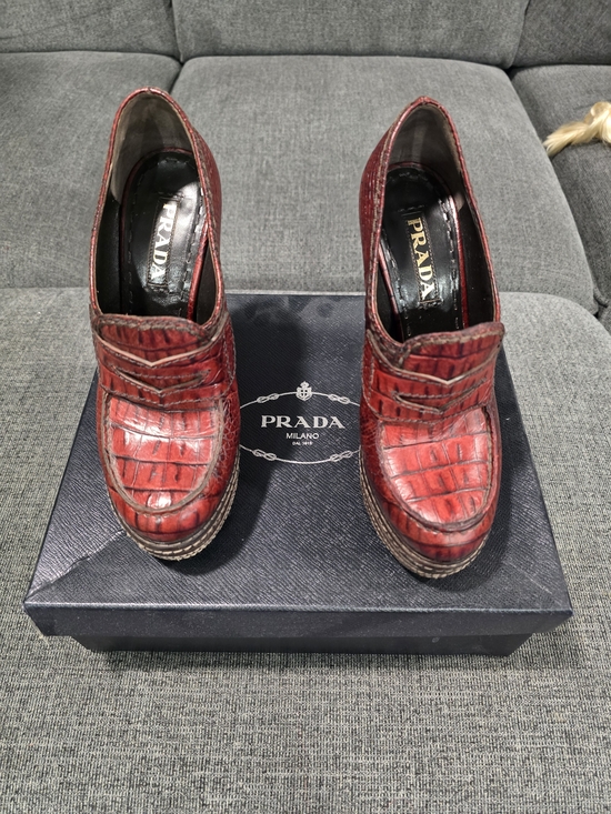 Prada Shoes - Prada Red Croc-Embossed Leather Platform Heels